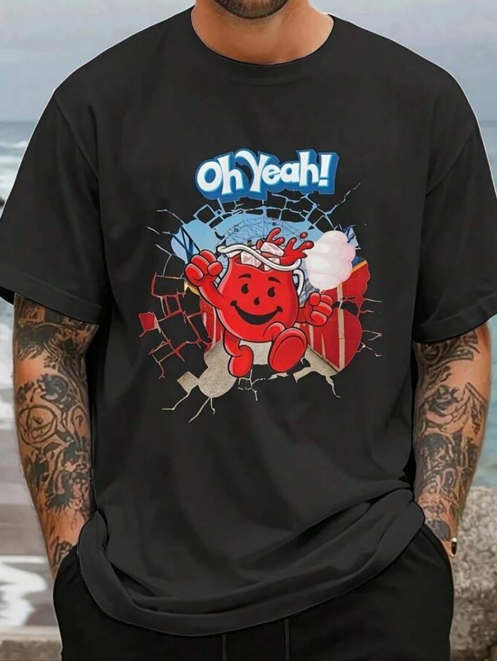 Oh Yeah! Black Graphic Tee with Red Kool Aid Character Print
